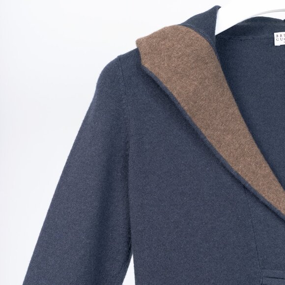 Brunello Cucinelli Blue & Taupe Two-Tone Cashmere Hooded Toggle Cardigan - Picture 4 of 9